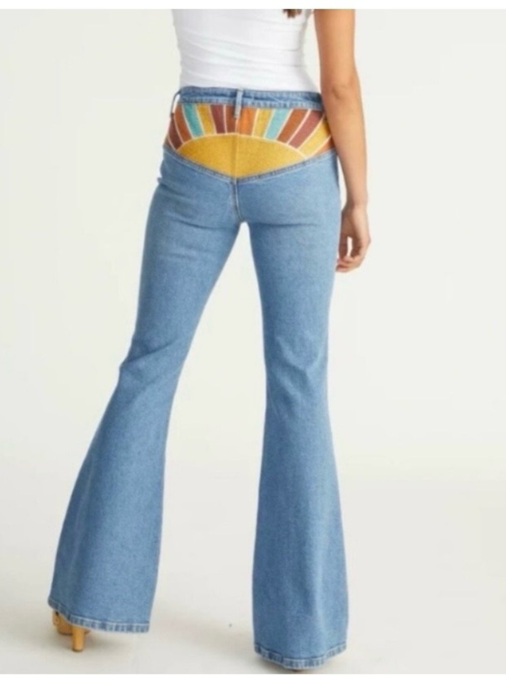 Driftwood Farrah Jeans 30 Blue Yellow Sunrise High-Rise Flare Embroidered NWT